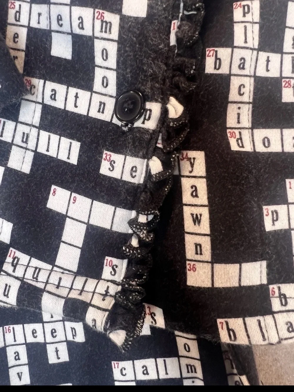 Cabernet Lounge Petite Pajama Set Large Black Crossword Print Long Sleeve Cotton